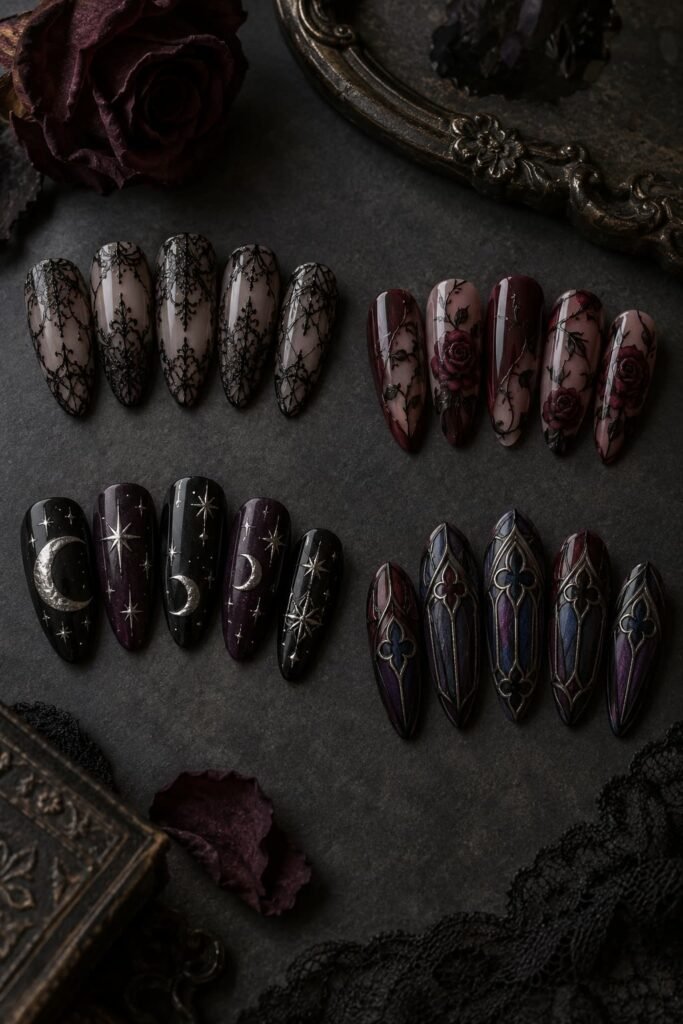 Artificial nail tips showing lace, dark floral, celestial, and stained-glass-inspired gothic designs.