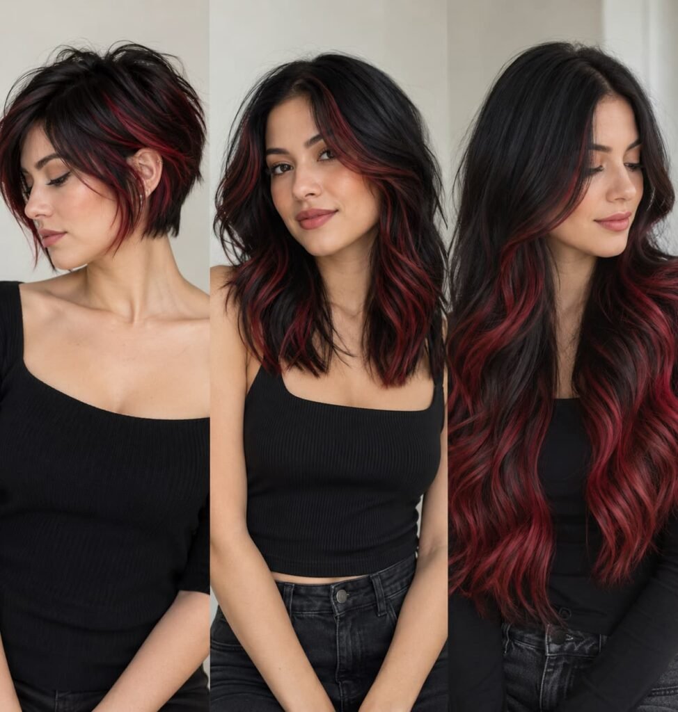 Black and red hair ideas on short, medium-length, and long hair