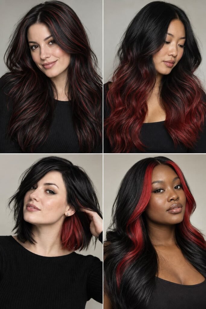 Black and red hair with highlights, balayage, underlayer, and face-framing colour