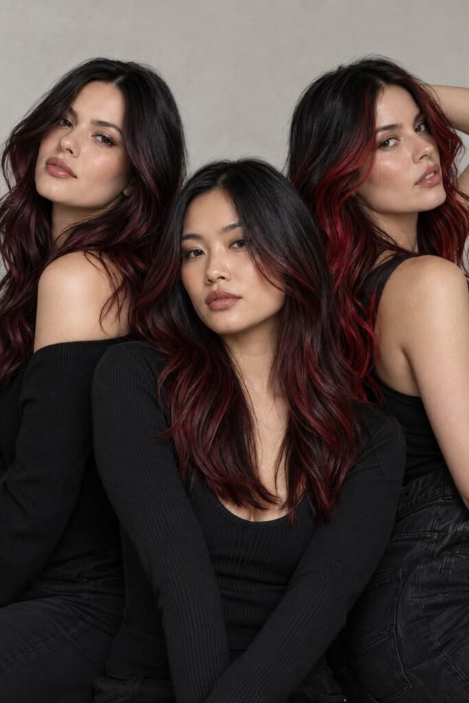 Black hair paired with burgundy, cherry red, and vivid red tones