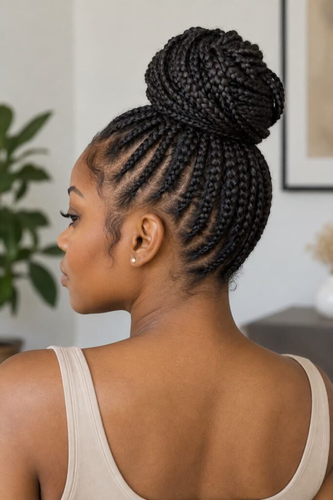 Black woman wearing a braided bun with visible braid pattern and gathered bun