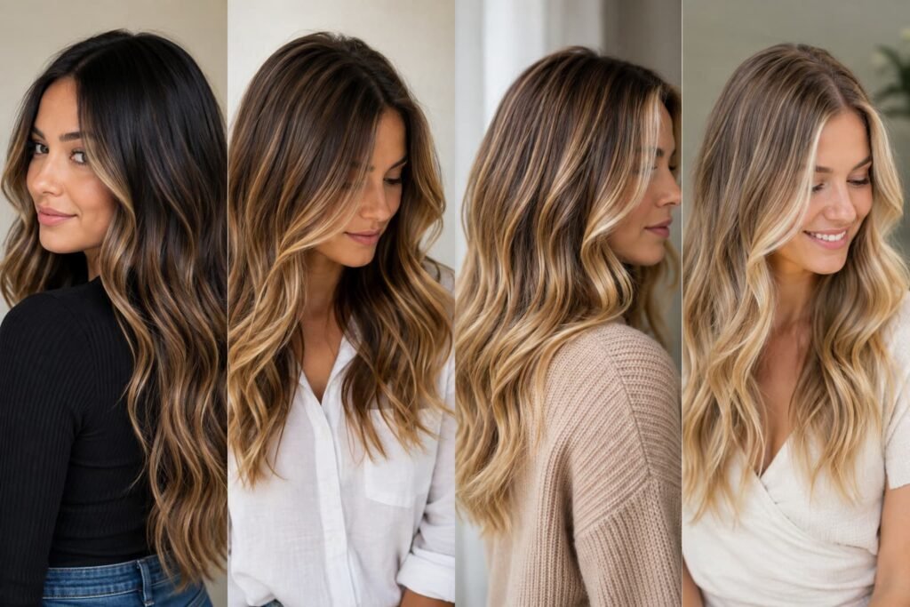 Blonde balayage on dark brown, medium brown, light brown, and blonde hair