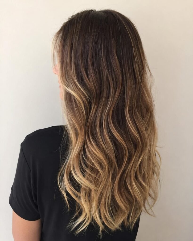 Blonde balayage placement from darker roots to lighter ends