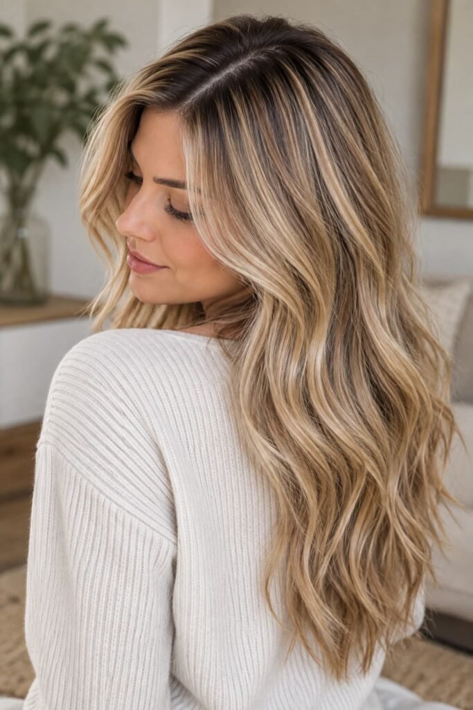 Blonde highlighted hair with darker visible roots and dimensional lengths