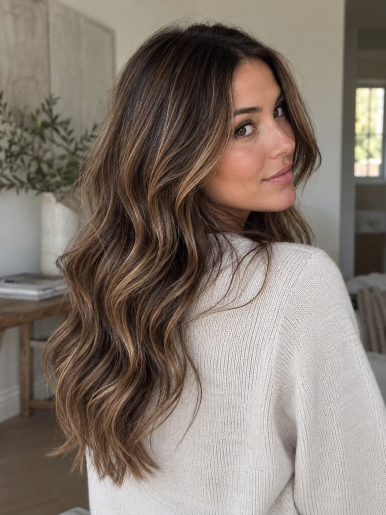Brunette hair with fine beige caramel babylights