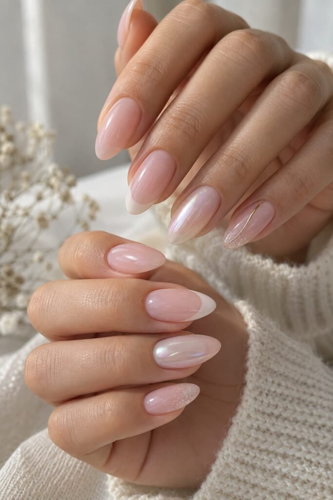 Bubble bath pink almond nails with French tips, pearl shine, gold detail, and subtle glitter.