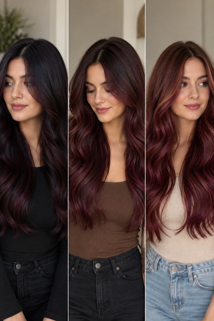 Burgundy tones shown on black, dark brown, and medium brown hair