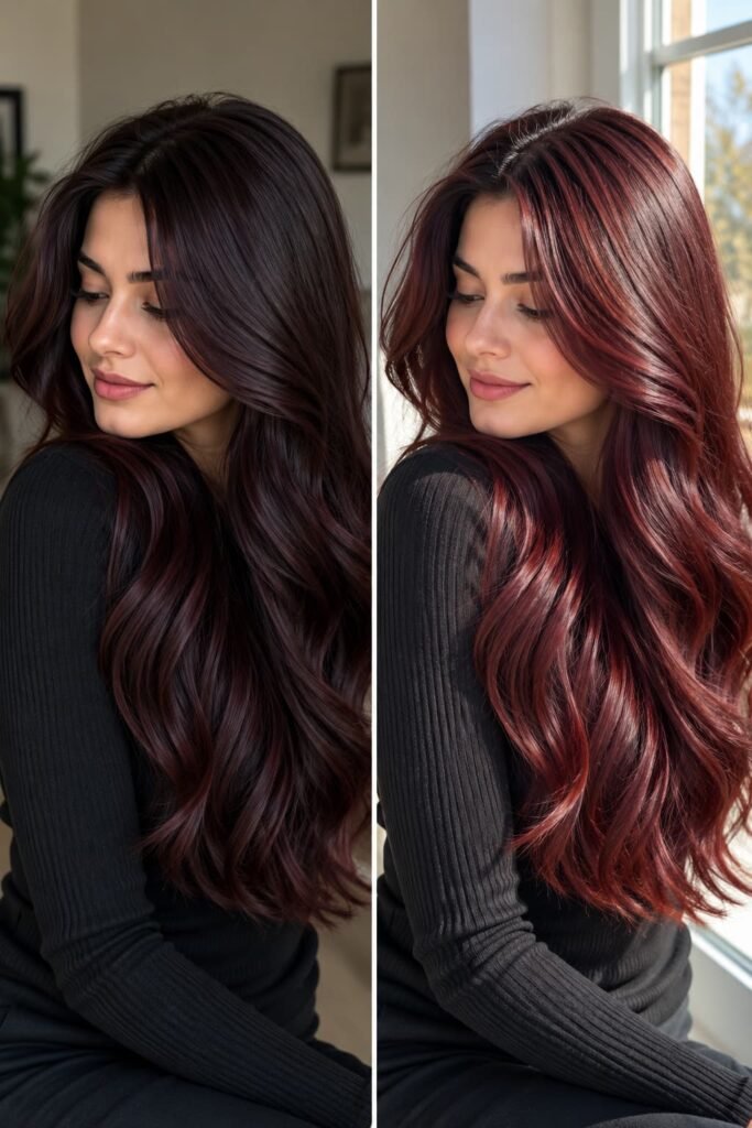 Cherry cola hair appearing darker indoors and redder in natural light