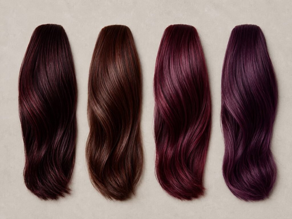 Cherry cola hair color variations from dark brunette to burgundy and plum
