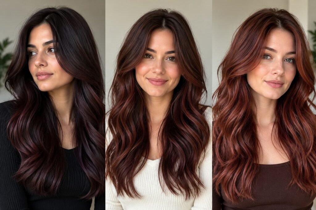 Cherry cola hair on dark, medium brown, and lighter brunette bases