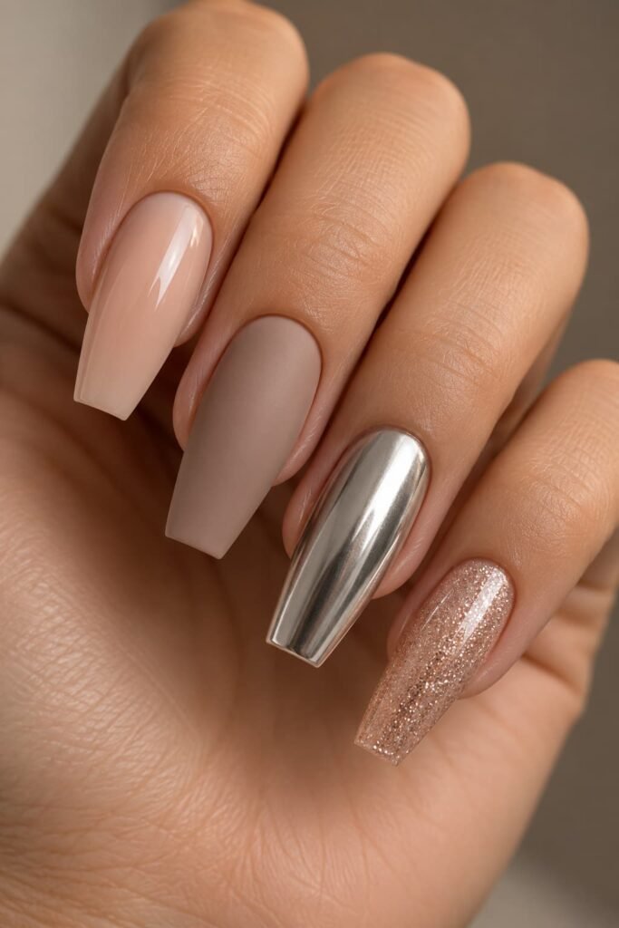 Coffin nails showing glossy, matte, chrome, and glitter finishes