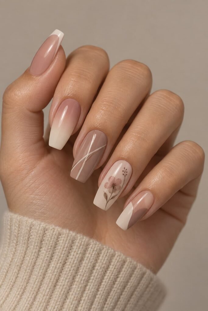 Coffin nails with French tip, ombré, geometric, floral, and negative-space designs