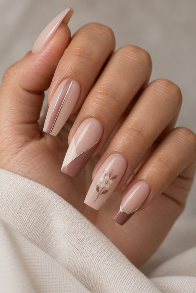 Coffin nails with vertical, diagonal, centered, and tip-focused nail artCoffin nails with vertical, diagonal, centered, and tip-focused nail art