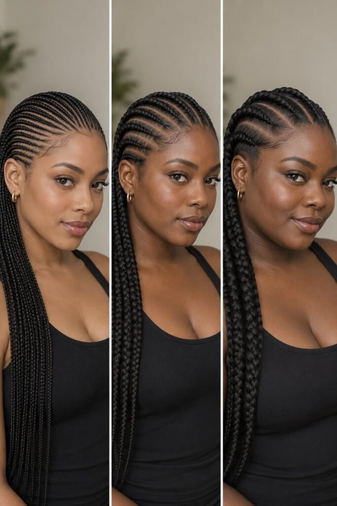 Comparison of small, medium, and large straight-back cornrows