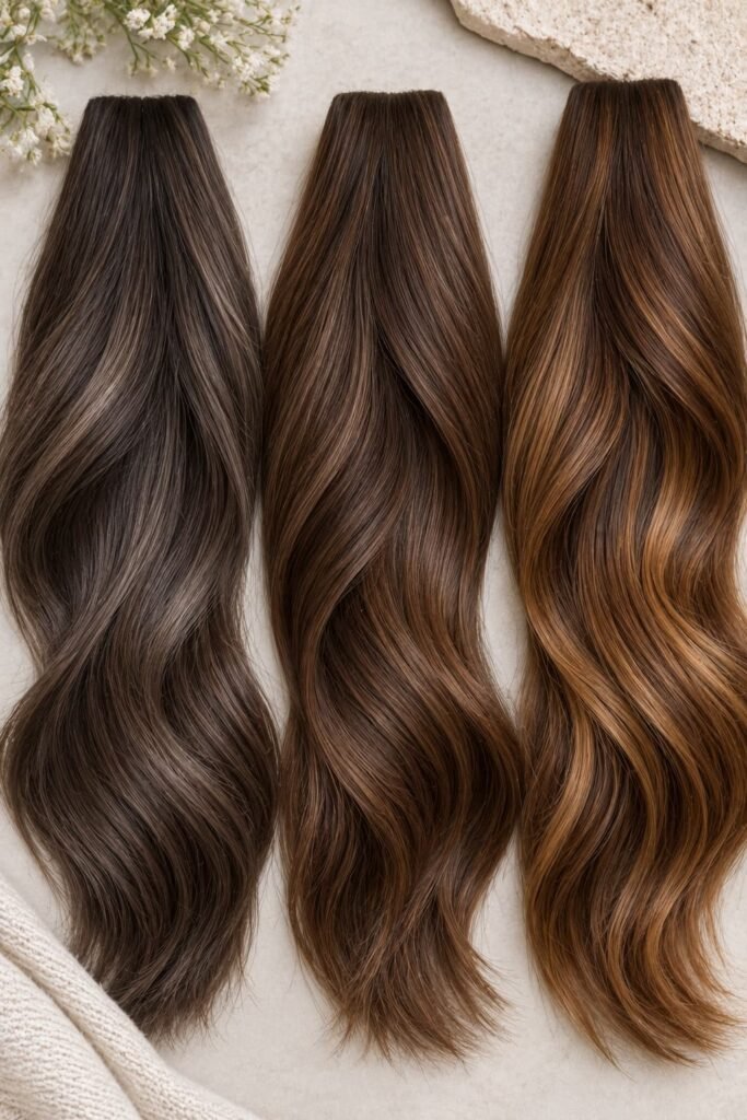 Cool, neutral, and warm brunette shades for root color comparison
