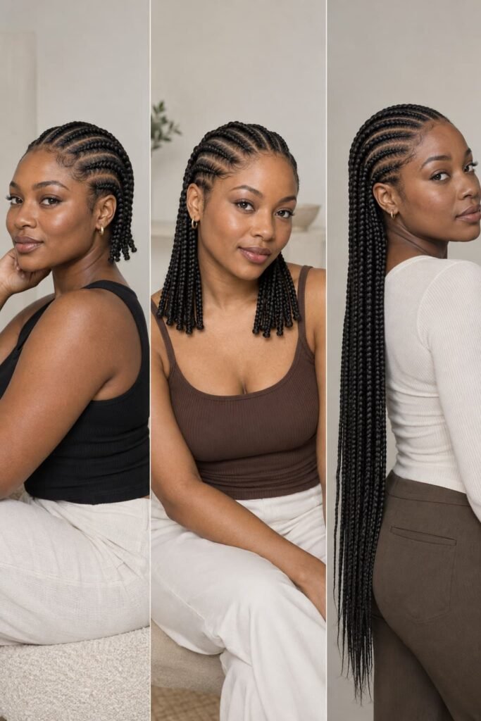 Cornrow hairstyles shown in short, shoulder-length, and long braid lengths