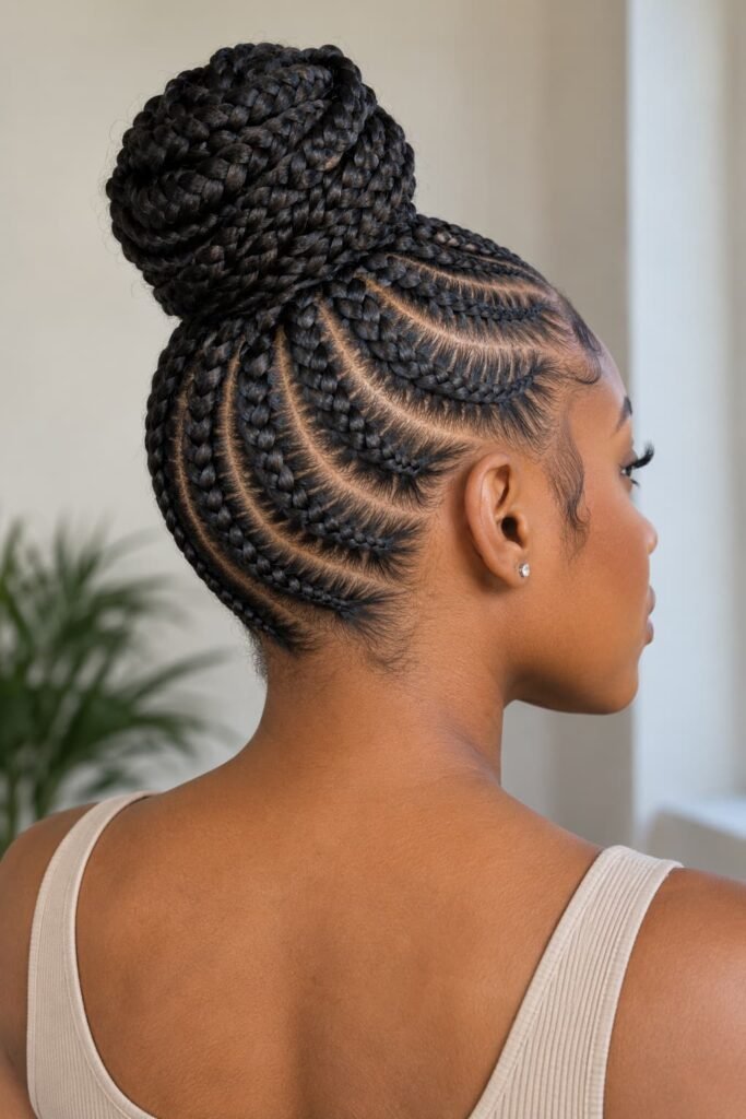 Curved cornrows leading into a high braided bun