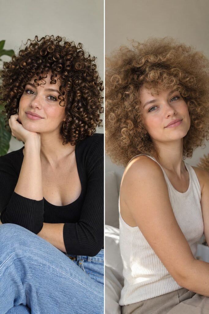 Defined tight curls compared with a softer fluffy curly silhouette