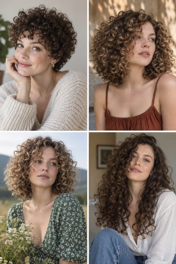 Different natural curl patterns, lengths, and rounded curly hair shapes