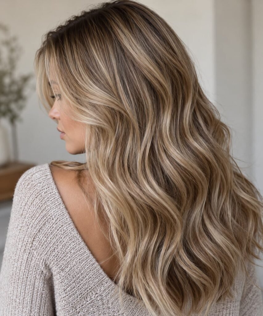 Dirty blonde hair with fine blonde highlights and darker lowlights