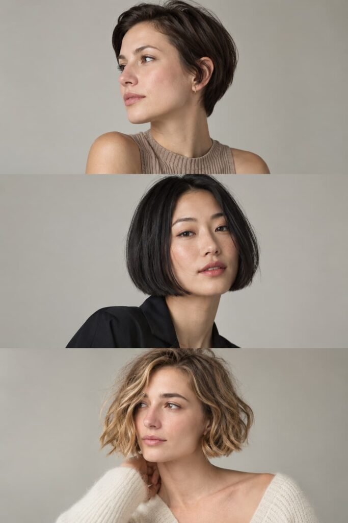 Ear-length, jaw-length, and chin-length short bob hairstyle comparison