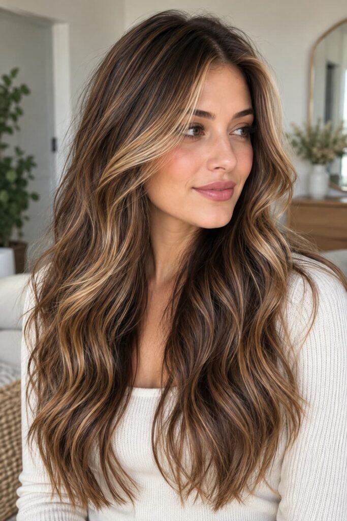 Face-framing and part-line babylight placement on brown hair