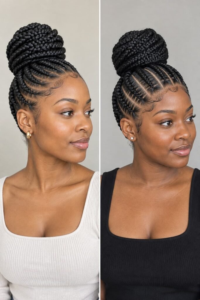 Feed-in braid bun and stitch braid bun showing different scalp patterns