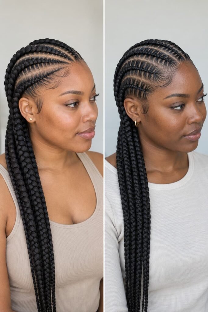 Feed-in cornrows and stitch cornrows showing different braid structures