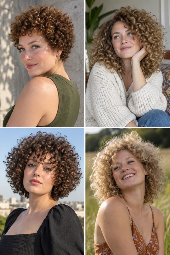 Four Afro-like hairstyle options with short, medium, defined, and fluffy curls