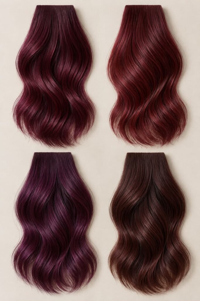Four burgundy hair shade variations including wine, plum, violet-red, and brown burgundy