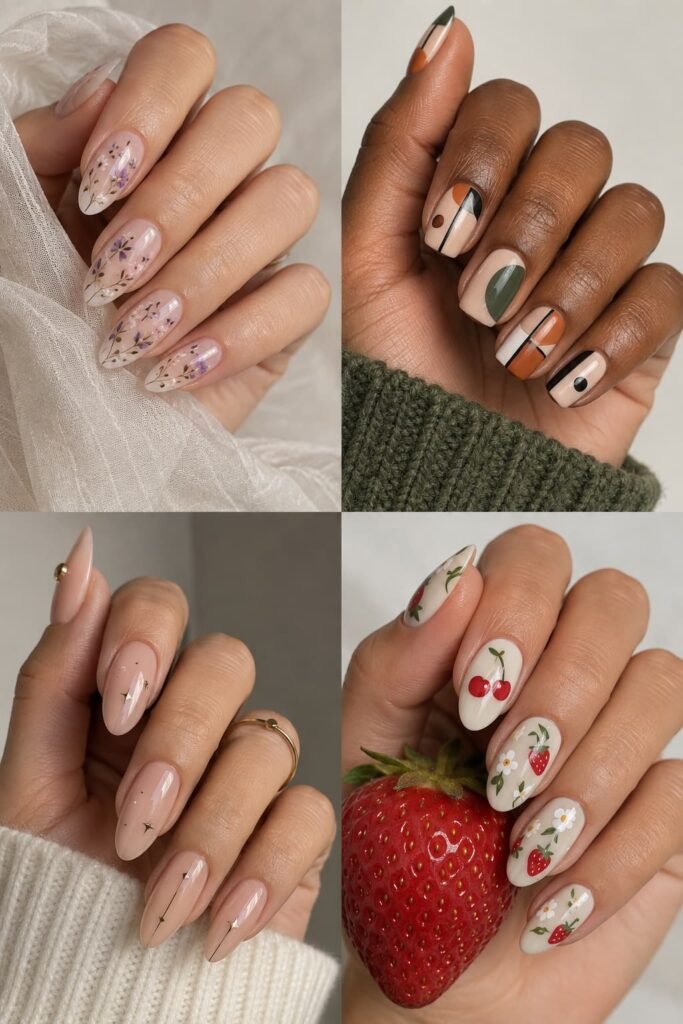 Four manicures featuring floral, geometric, minimalist, and fruit-inspired nail decal designs.