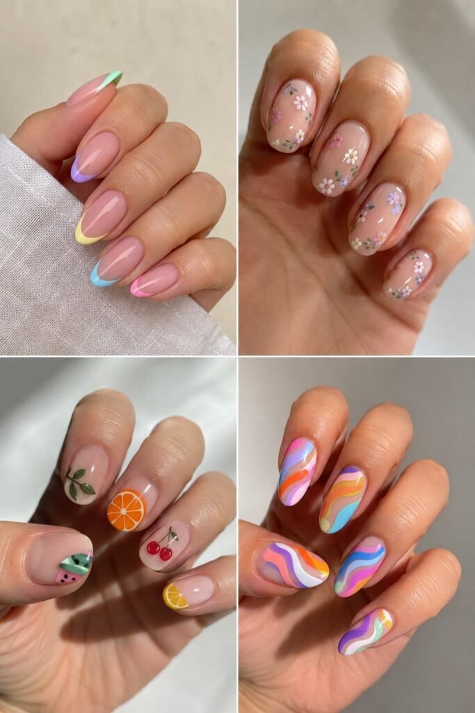 Four summer nail styles featuring French tips, floral art, fruit accents, and colorful swirls.