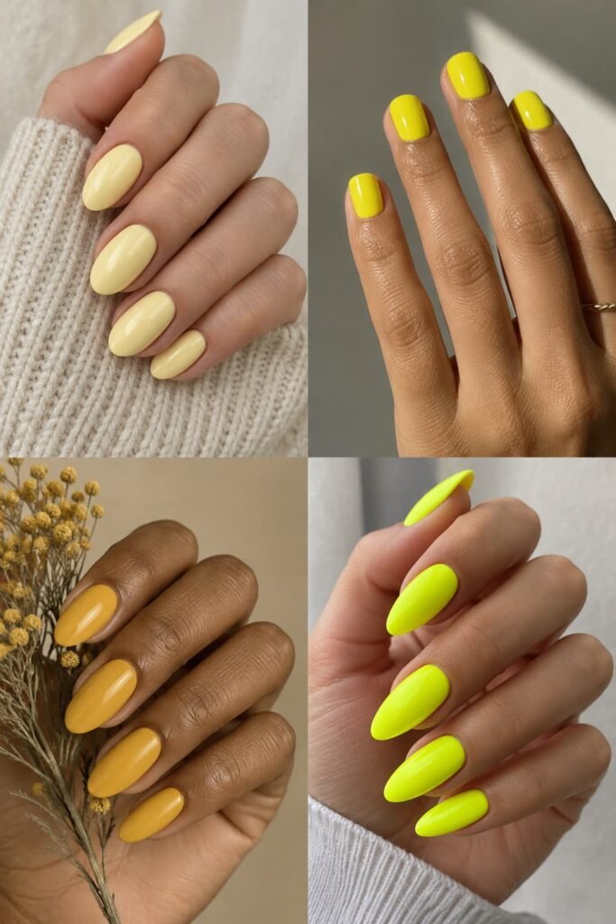 Four yellow nail shades including butter, lemon, mustard, and neon yellow.