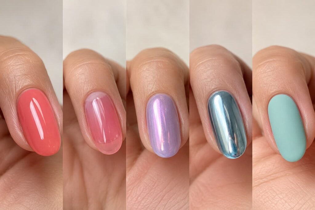 Glossy, jelly-style, glazed-looking, chrome, and matte summer nail finishes.