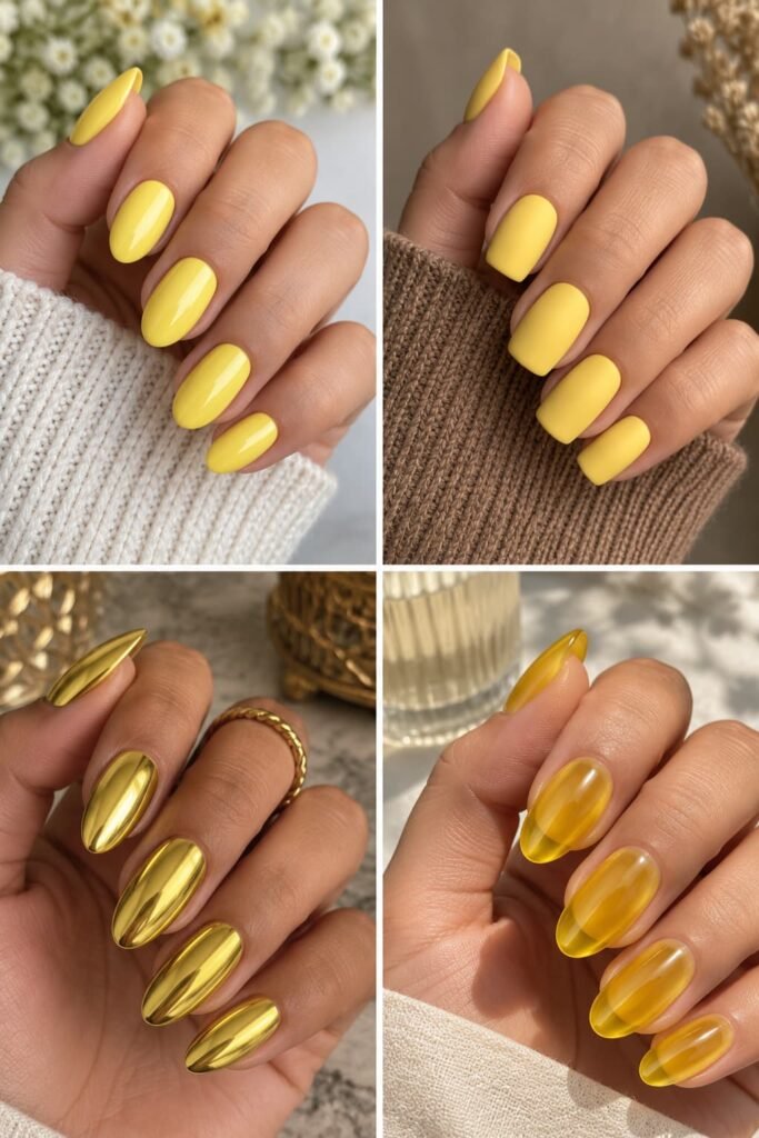 Glossy, matte, chrome, and translucent jelly yellow nail finishes.