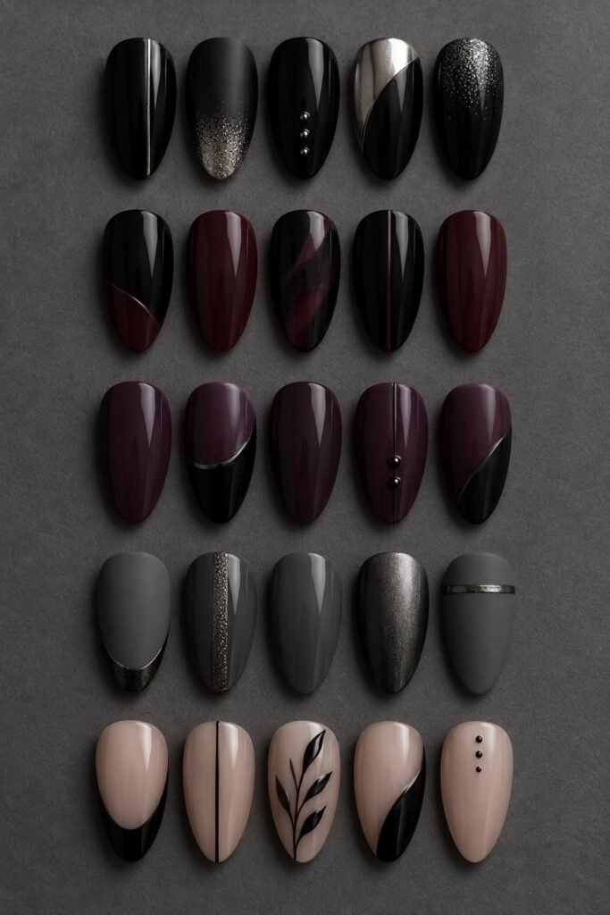 Gothic nail color combinations in black, silver, burgundy, plum, smoky gray, gunmetal, and sheer nude tones.