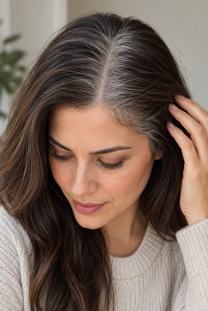 Gray and white root regrowth visible in dark brown hair