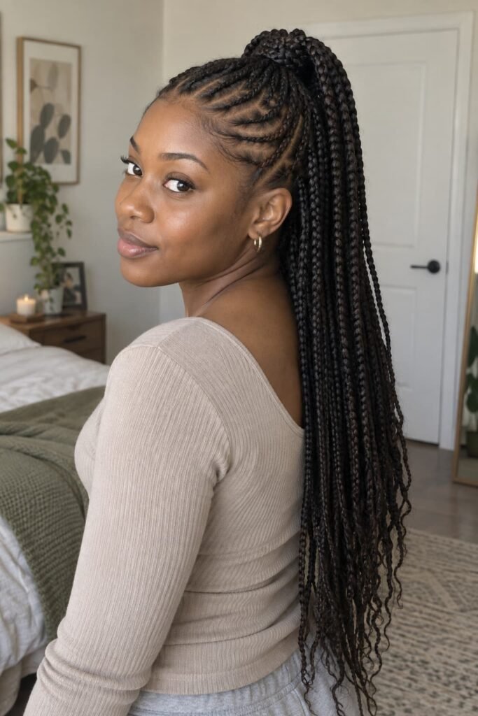 Half-up cornrow hairstyle with gathered and hanging braids