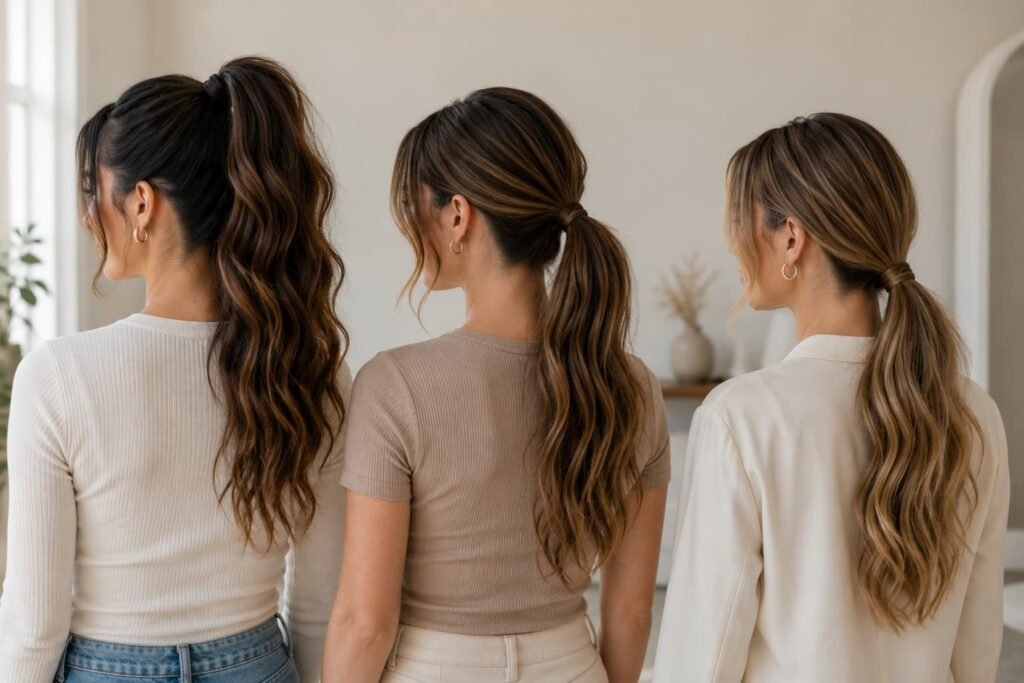 High, mid-height, and low ponytail placement on long hair
