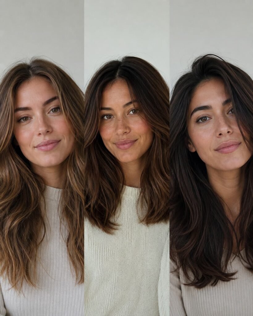 Light, medium, and dark mocha brown hair shades shown side by side