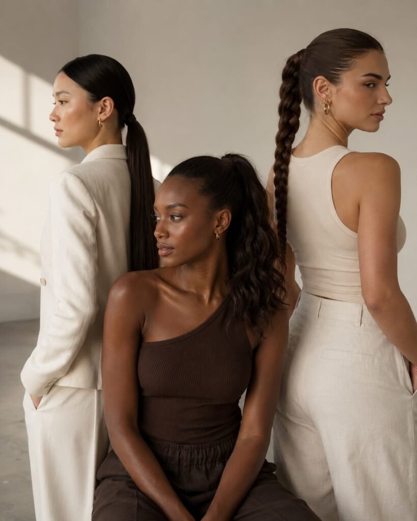 Long hair ponytail ideas including sleek, wavy, and braided styles