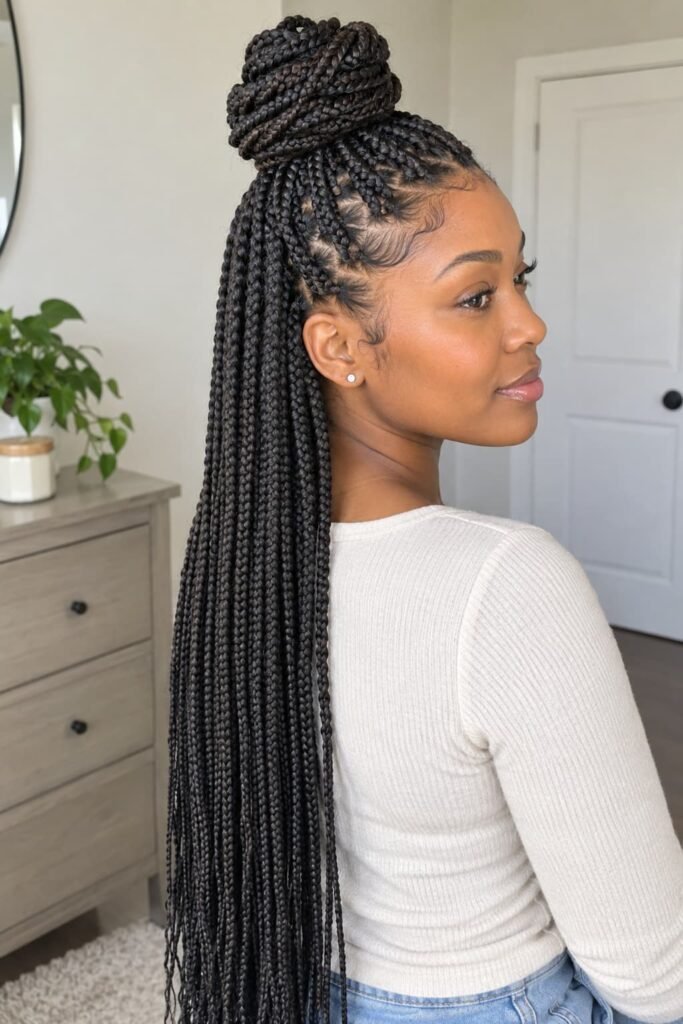 Long knotless braids styled into a half-up bun