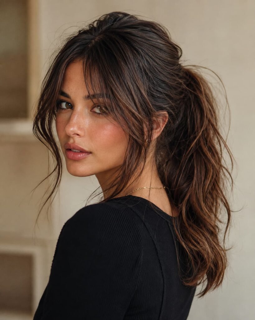 Long ponytail with curtain bangs and face-framing layers