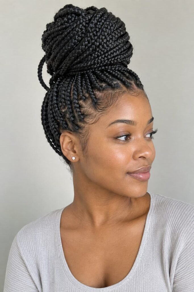 Medium box braids styled into a high wrapped bun