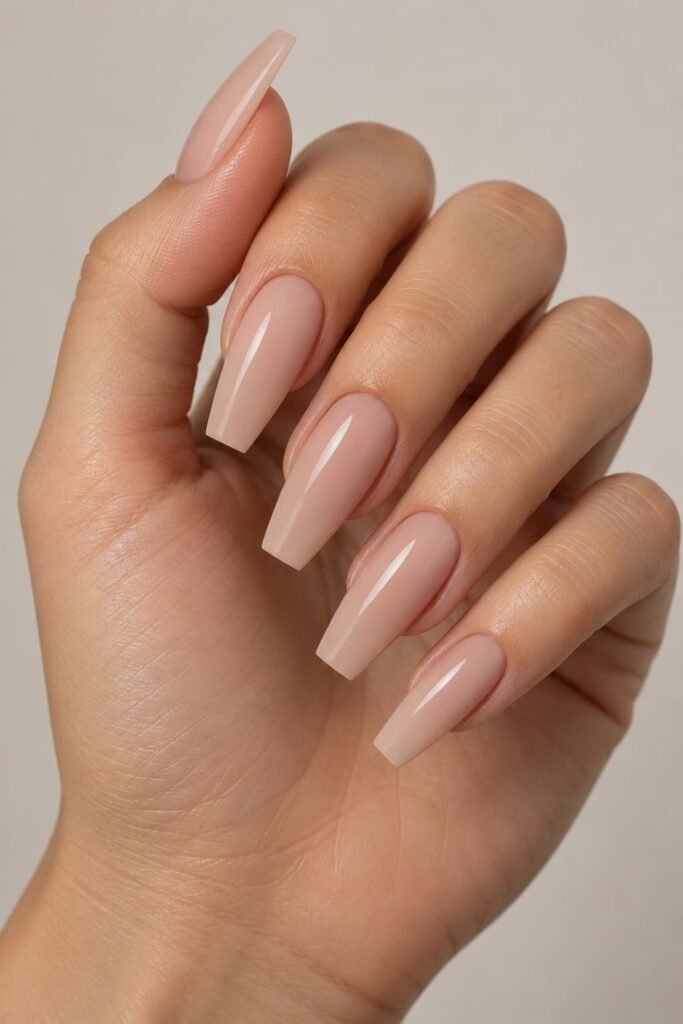 Medium-length nude coffin nails with tapered sides and flat tips