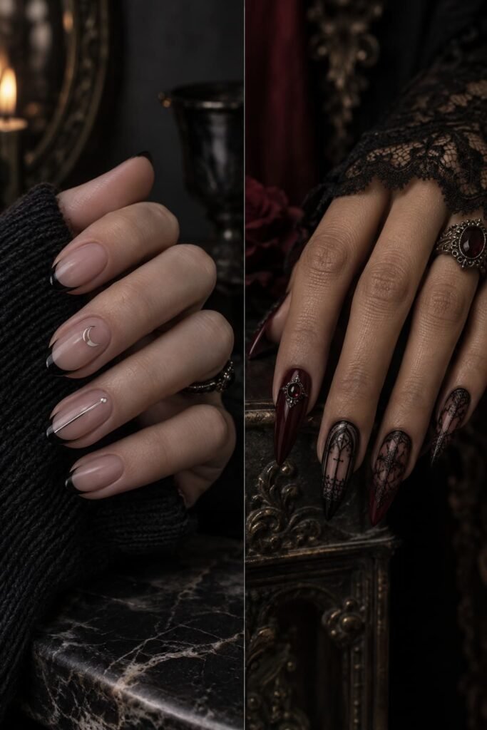 Minimal gothic nails beside a more ornate black and burgundy gothic manicure.
