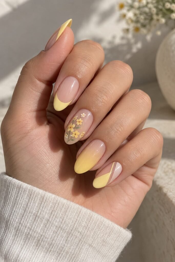 Mixed yellow nail designs with French tips, floral art, gradient, and geometric details.
