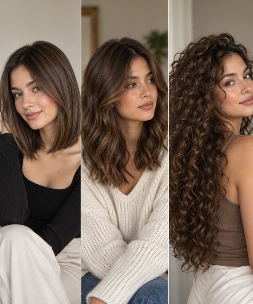Mocha brown hair on straight, wavy, and curly textures