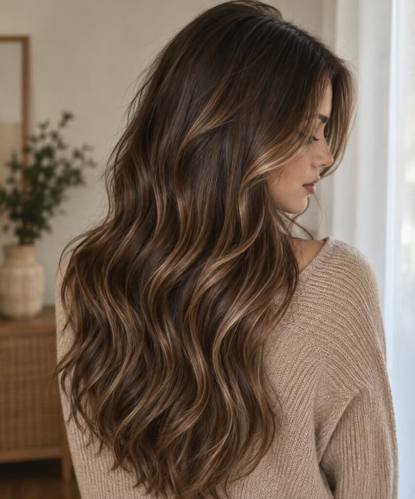 Mocha brown hair with subtle brunette and caramel-toned highlights