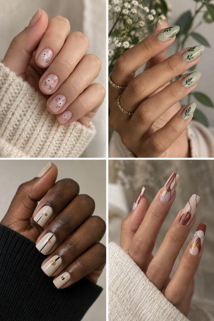 Nail decals placed on short round, almond, square, and long coffin-shaped nails.